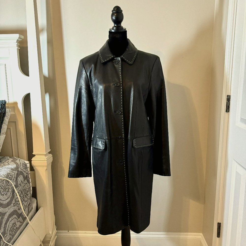 CONTEXT Womens Soft black leather 3/4 length coat size 12